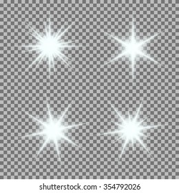 Vector set of glowing light bursts with sparkles on transparent background. Transparent gradient stars, lightning flare. Magic, bright, natural effects. Abstract texture for your design and business.