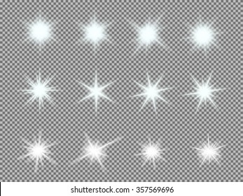 Vector set of glowing light bursts with sparkles on transparent background. Transparent gradient stars, lightning flare. Magic, bright, natural effects.