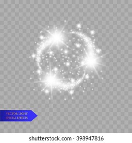 Vector set of glowing light bursts with sparkles on transparent background. 