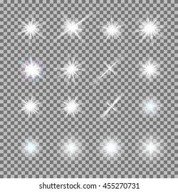 Vector set of glowing light bursts with sparkles on transparent background. Transparent gradient stars, lightning flare. Magic, bright, natural effects. Abstract texture for your design and business.