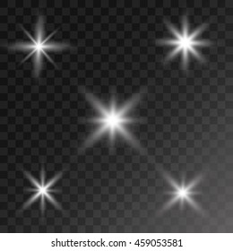 Vector set of glowing light bursts with sparkles on transparent background. Transparent gradient stars, lightning flare. Magic, bright, natural effects.