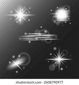 Vector set of glowing light effects on transparent background. Includes shining stars, lens flares, sparkles, and motion blur. Perfect for design, overlays, and decoration elements. EPS 10