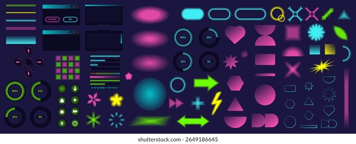 A vector set of glowing neon UI elements on a dark background. Includes buttons, progress bars, sliders, charts, interface windows, and abstract shapes. Designed in a clean, stylized cartoon style wit