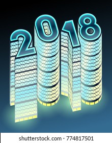 Vector Set of glowing night skyscraper buildings in form 2018