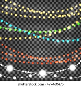 Vector set of Glowing, overlapping Christmas Lights colorful rainbow garlands for Xmas Holiday Greeting Cards Design on a plaid vector transparent background.
