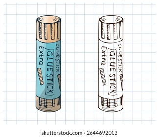 Vector set of glue stick illustration in hand drawn vintage style. Includes colorful and monochrome versions on grid notebook background. Ideal for school and stationery themed designs.