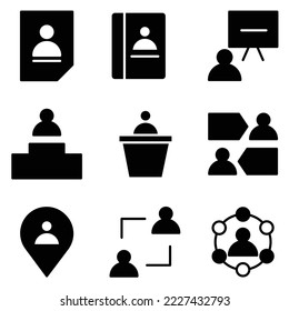 Vector set of glyph icons related to business process, team work and human resource management. Mono line pictograms and infographics design element