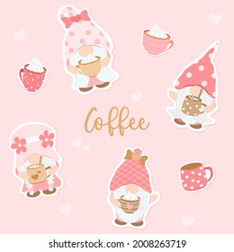 Vector - Set of Gnome holding coffee cup and lettering "Coffee" on sweet pink color. Clip art. Can be use for sticker, print, paper, card.
