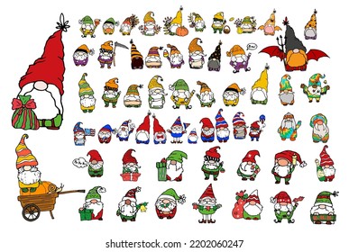 Vector set of gnomes. a collection of hand-drawn gnomes for the holidays Christmas, Halloween, harvest, July 4th hippies in the style of doodle in different colors of red and green yellow-orange tones