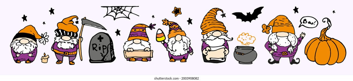 Vector set gnomes of for Halloween in orange and purple colors. hand-drawn set of isolated elements dwarfs  with scythe, pumpkin, spider web, scythe, cauldron with potion, stars for the Halloween 