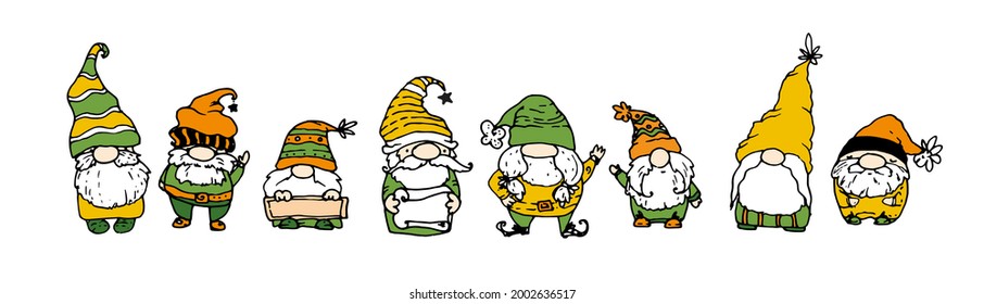 Conjunto vectorial de gnomos, en colores naranja-amarillo y verde. otoño estilo caricatura a mano aislado gnomos divertidos en diferentes sombreros y con barba para el diseño de plantillas de diseño de postales, embalaje