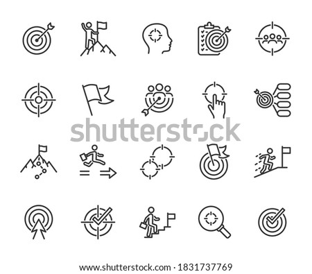 Vector set of goal line icons. Contains icons target, business goal, career, mission, team goal, success, aim, achievement and more. Pixel perfect.