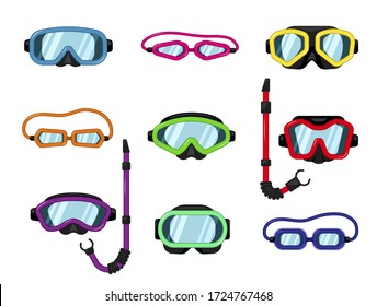 Vector set of goggles, dive or scuba mask with snorkel for underwater swimming, diving. Protective ski glasses for safety winter sport activity. Diving masks icons collection isolated on white.