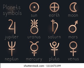 Vector set of Gold astrological planets symbols. Signs collection: sun, earth, moon, saturn, uranus, neptune, jupiter, venus, mars, pluto, mercury. 