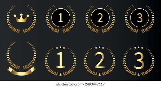 Vector Set of Gold award, laurel wreaths, Ranking, Medal, Crown and Ribbon. VIP. Luxury Golden labels.