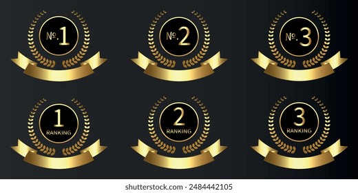 Vector Set of Gold award, laurel wreaths, Ranking, Medal, Crown and Ribbon. VIP. Luxury Golden labels.	