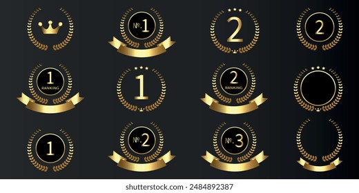 Vector Set of Gold award, laurel wreaths, Ranking, Medal, Crown and Ribbon. VIP. Luxury Golden labels.	