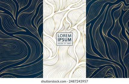 Vektorgrafik-Set aus goldenen und schwarzen Blumenkarten, Weinetiketten, Kartonverpackung, Schönheitshintergrund. Schmuck, Geschenklinie hinterlässt Illustrationen, Parfüm, kosmetische Banner.