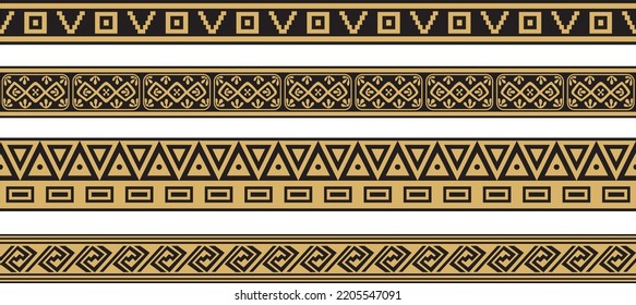 Vector set of gold and black native american ornamental seamless borders. Framework of the peoples of America, Aztecs, Maya, Incas.
