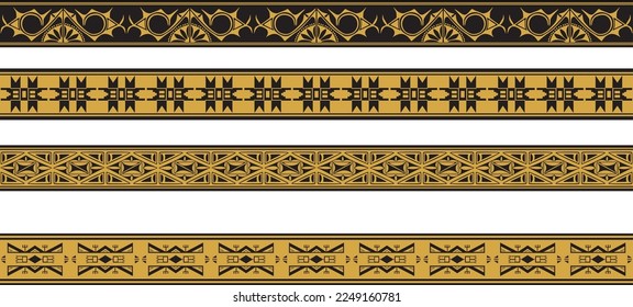 Vector set of gold and black native american ornamental seamless borders. Framework of the peoples of America, Aztecs, Maya, Incas.
