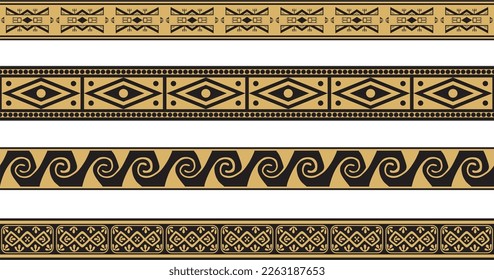 Vector set of gold and black native american ornamental seamless borders. Framework of the peoples of America, Aztecs, Maya, Incas.
