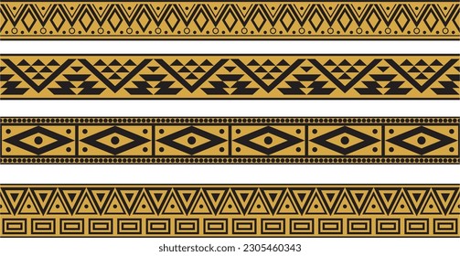 Vector set of gold and black native american ornamental seamless borders. Framework of the peoples of America, Aztecs, Maya, Incas.
