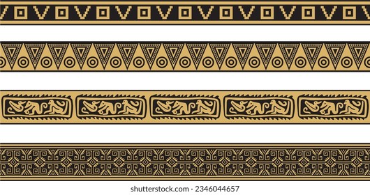 Vector set of gold and black native american ornamental seamless borders. Framework of the peoples of America, Aztecs, Maya, Incas.
