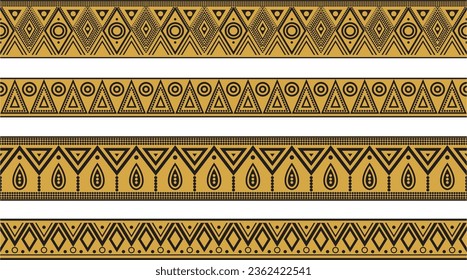 Vector set of gold and black native american ornamental seamless borders. Framework of the peoples of America, Aztecs, Maya, Incas.
