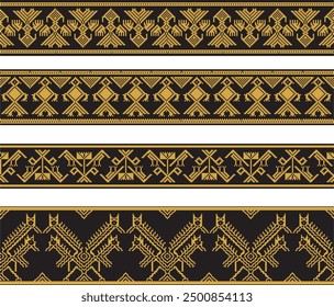 Vector set of gold and black native american ornamental seamless borders. Framework of the peoples of America, Aztecs, Maya, Incas.
