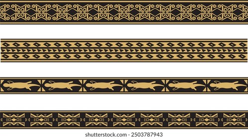 Vector set of gold and black native american ornamental seamless borders. Framework of the peoples of America, Aztecs, Maya, Incas.
