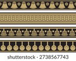 Vector set of gold and black seamless Egyptian borders. Endless Ornaments of Ancient Egypt. Geometric African frame.
