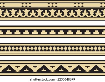 Vector set of gold and black seamless classic byzantine ornament. Endless border, Ancient Greece, Eastern Roman Empire frame. Decoration of the Russian Orthodox Church.
