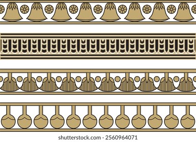 Vector set of gold and black seamless Egyptian borders. Endless Ornaments of Ancient Egypt. Geometric African frame.
