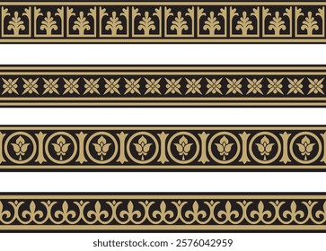 Vector set of gold and black seamless classic byzantine ornament. Endless border, Ancient Greece, Eastern Roman Empire frame. Decoration of the Russian Orthodox Church
