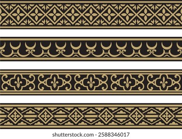 Vector set of gold and black seamless classic renaissance ornament. Endless european border, revival style frame
