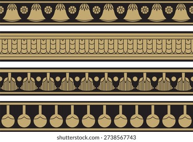 Vector set of gold and black seamless Egyptian borders. Endless Ornaments of Ancient Egypt. Geometric African frame.
