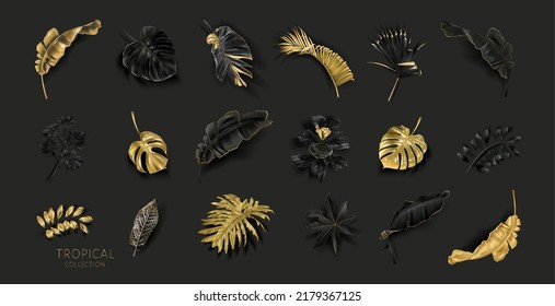 Vector set with gold and black tropical leaves on black background. Luxury exotic botanical elements for wedding invitation, cosmetics design, summer banner, perfume, beauty, travel, packaging design