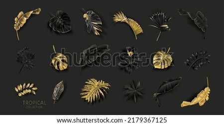 Vector set with gold and black tropical leaves on black background. Luxury exotic botanical elements for wedding invitation, cosmetics design, summer banner, perfume, beauty, travel, packaging design