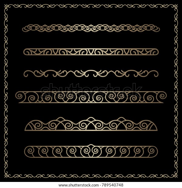 Vector set of gold\
border vignettes, dividers, vintage flourish ornaments and golden\
square frame on black
