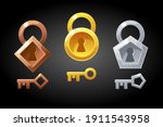 Vector set of gold, bronze and silver keys and locks. Collection of locks for the game.