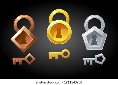 Vector set of gold, bronze and silver keys and locks. Collection of locks for the game.