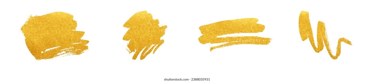 Vector set of gold brush glitter splashes. Golden brush strokes, smears. Foil metal effect. Luxury shiny frame background for labels, Christmas, wedding design, stickers. Sparkle stain banner elements