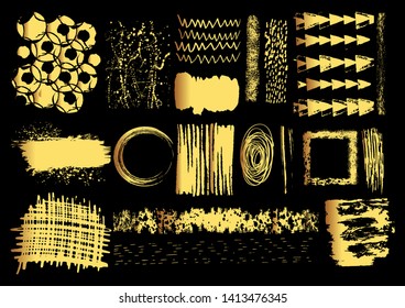 Vector set of gold brush strokes. Editable isolated elements. Grunge shiny brushes, banners for your design. Freehand. Watercolor splash. Acrylic stamp.
