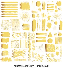 Vector Set Of Gold Brush Strokes. Editable Isolated Elements. Grunge Shiny Brushes, Banners For Your Design. Freehand. Watercolor Splash. Acrylic Stamp.