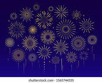 Vector set gold celebration festive fireworks for holiday  new year party  christmas  birthday  carnival  Independence day  Firework show in dark evening sky  Pyrotechnics firecracker background