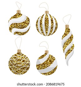 Vektorset aus goldenen Weihnachtsbällen mit Funkeln einzeln auf weißem Hintergrund.
