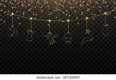 Vector Set Of Gold Christmas Decorations. Golden Toys For The Christmas Tree. Sequins, Golden Sparkle. Radiance Png. Christmas Decorations Png. Vector Image.