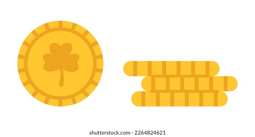 Vector set with gold coin with clover leaf and stack of coins. Collection for celebrating St Patricks day. Money and wealth. St Patricks day yellow three leaf clover coins in flat design.