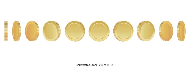 Vector set of gold coins rotating on white background for animation, flipping golden coins. 