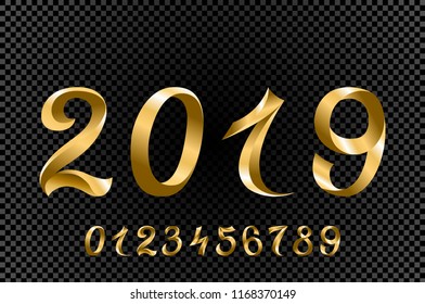 vector Set of Gold Colored Metal Chrome numbers. 1, 2, 3, 4, 5, 6, 7, 8, 9, 10, logo design 2019 art